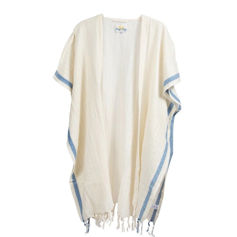 Rays For Days‎ Cocoa Cabana Kimono Cover Up Wrap Blue Crm Fringed Beach Swim NWT